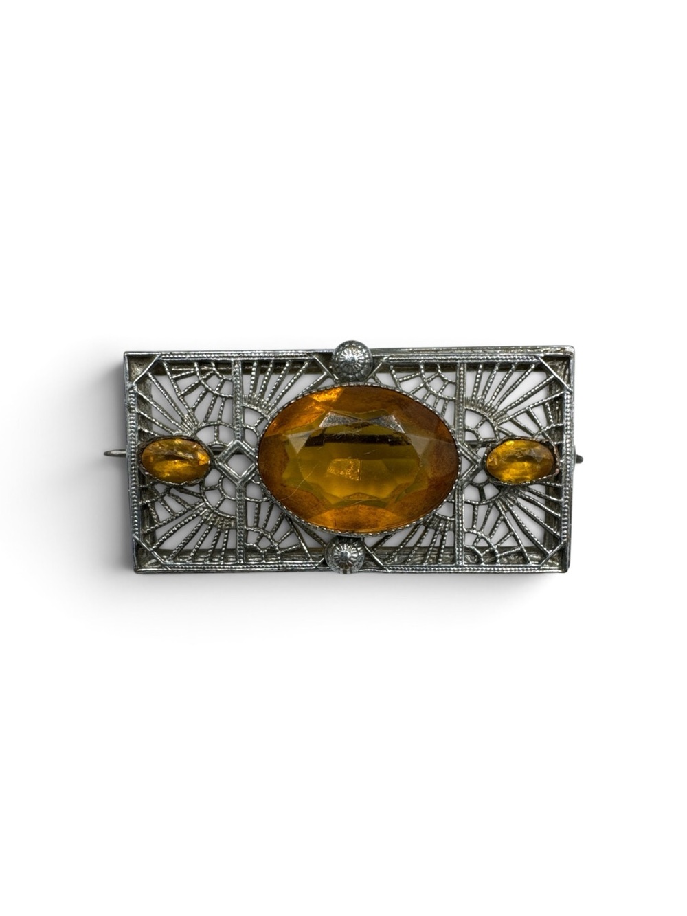 Antique 1920s Art Deco Czech Amber Glass Silver Filigree Brooch Pin